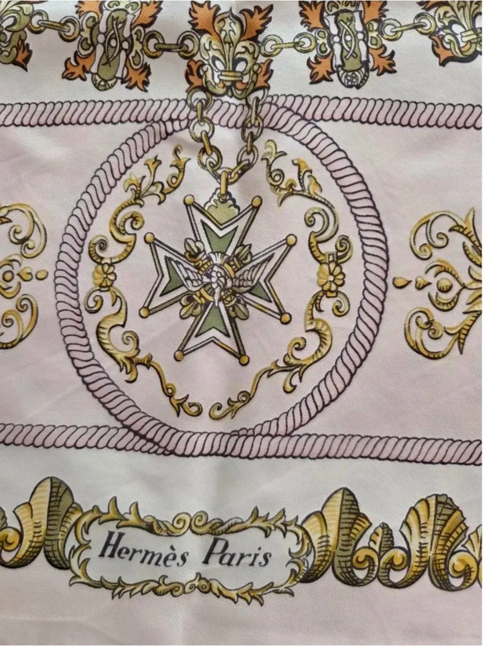 Hermes Pink Cream Gold Horse & Rider Silk Scarf